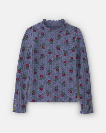 Girls Floral Long-Sleeve Turtleneck Top - Blue/Red, 