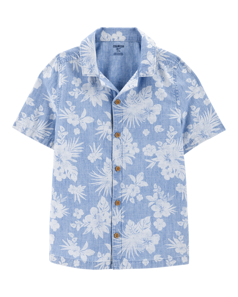 Kid Chambray Tropical Print Button-Front Shirt-Blue, image 1 of 3 slides