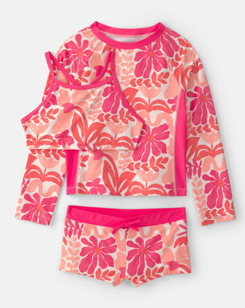 Girls 3-Piece Floral Long-Sleeve Rashguard Swimsuit Set - Pink/Orange, 