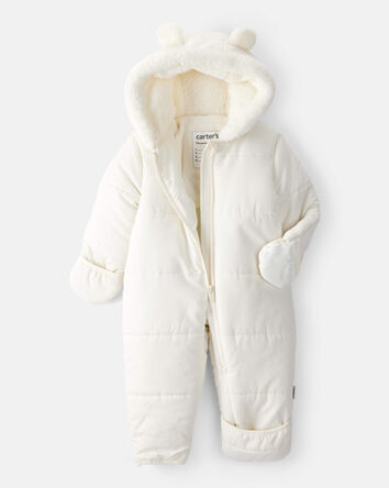 Baby 1-Piece Bear Ears Hooded Pram Snowsuit - Cream, 