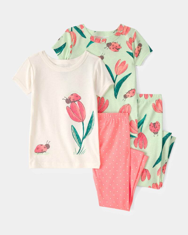 Toddler Girl Ladybug Floral 100% Cotton Snug Fit 4-Piece Pyjama Set - Pink/Green, image 1 of 4 slides