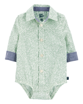 Baby Floral Button-Front Long-Sleeve Bodysuit - Green, 