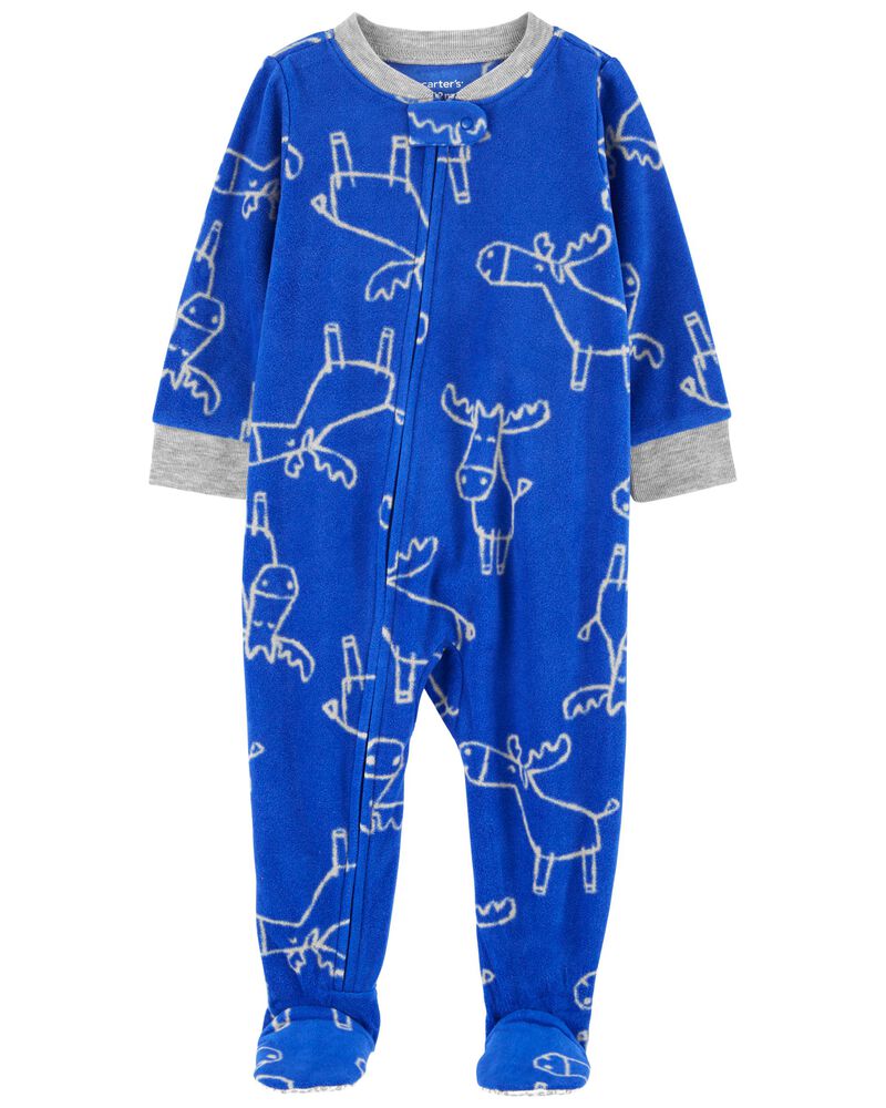 Blue 1-Piece Moose Fleece Footie Pyjamas