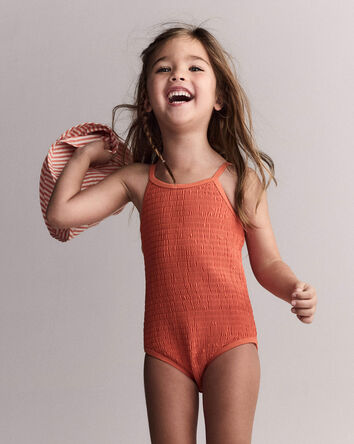 Toddler Girl Smocked One-Piece Swimsuit - Orange, 