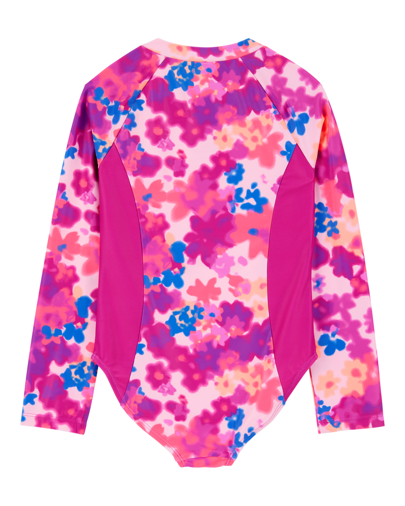 Kid 1-Piece Floral Print Long-Sleeve Rashguard Swimsuit - Pink, image 2 of 4 slides