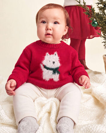 B&eacute;b&eacute; fille - Ensemble 2 pi&egrave;ces chandail &agrave; motif chien et pantalon &ndash; Rouge/Cr&egrave;me, 