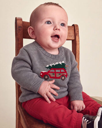 B&eacute;b&eacute; gar&ccedil;on - Ensemble 2 pi&egrave;ces chandail &agrave; motif arbre de No&euml;l sur voiture et pantalon &ndash; Gris/Rouge, 