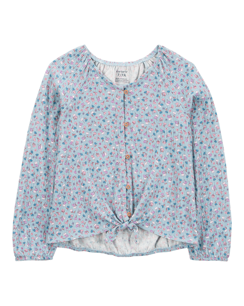 Kid Floral Gauze Long-Sleeve Button-Up Top - Blue, image 1 of 3 slides