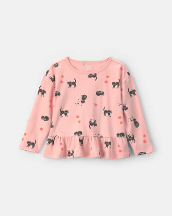 Toddler Girl Halloween Cat Long-Sleeve Peplum Top - Pink, 