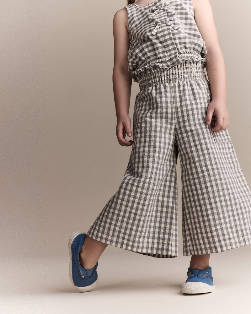 Toddler Girl Gingham Smocked Wide Leg Pant - Cream/Grey, image 3 of 7 slides