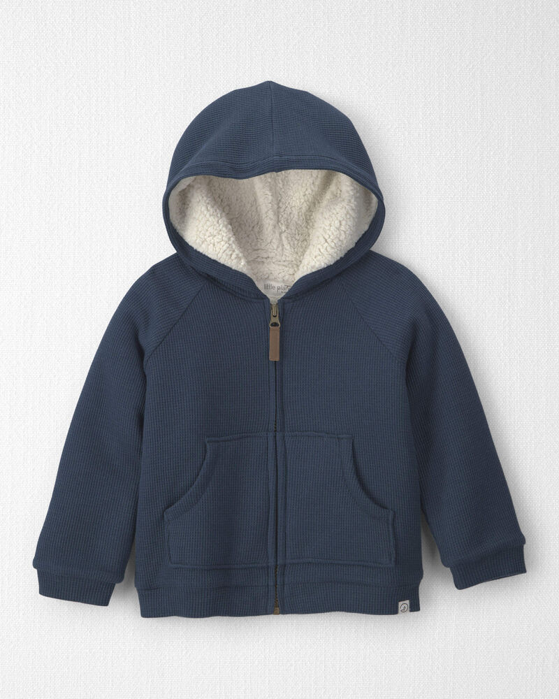 Toddler Boy Recycled Teddy Fleece Waffle Knit Hooded Jacket Made with Organic Cotton, image 1 of 4 slides