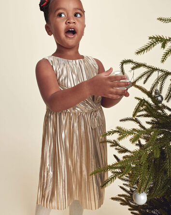 Toddler Girl Metallic Crinkle Bow Dress - Gold, 