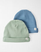 Bébé - Emballage de 2 bonnets en coton biologique côtelé - Vert genévrier, bleu, image 1 sur 4 diapositives