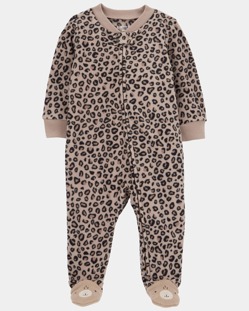 Baby Girl Leopard Print Loose Fit Long-Sleeve 2-Way Zip Sleeper - Brown, image 1 of 3 slides