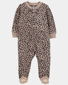 Baby Girl Leopard Print Loose Fit Long-Sleeve 2-Way Zip Sleeper - Brown, image 1 of 3 slides