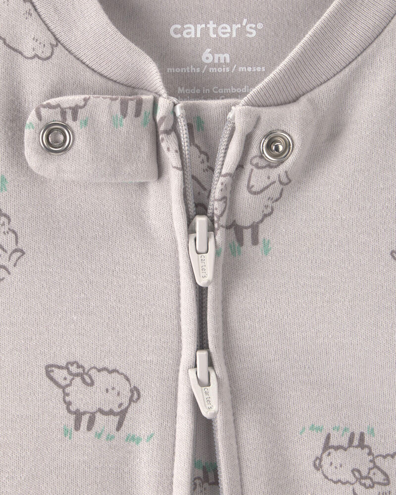 Baby Sheep 100% Cotton 2-Way Zip Sleeper - Grey, image 2 of 5 slides