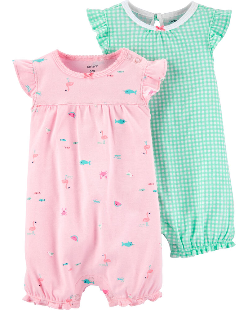 2-Pack Checkered & Flamingo Rompers, image 1 of 5 slides