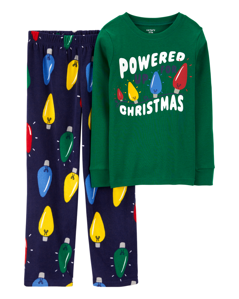 Kid 2-Piece Christmas Lights Cotton & Velboa Pyjamas, image 1 of 3 slides