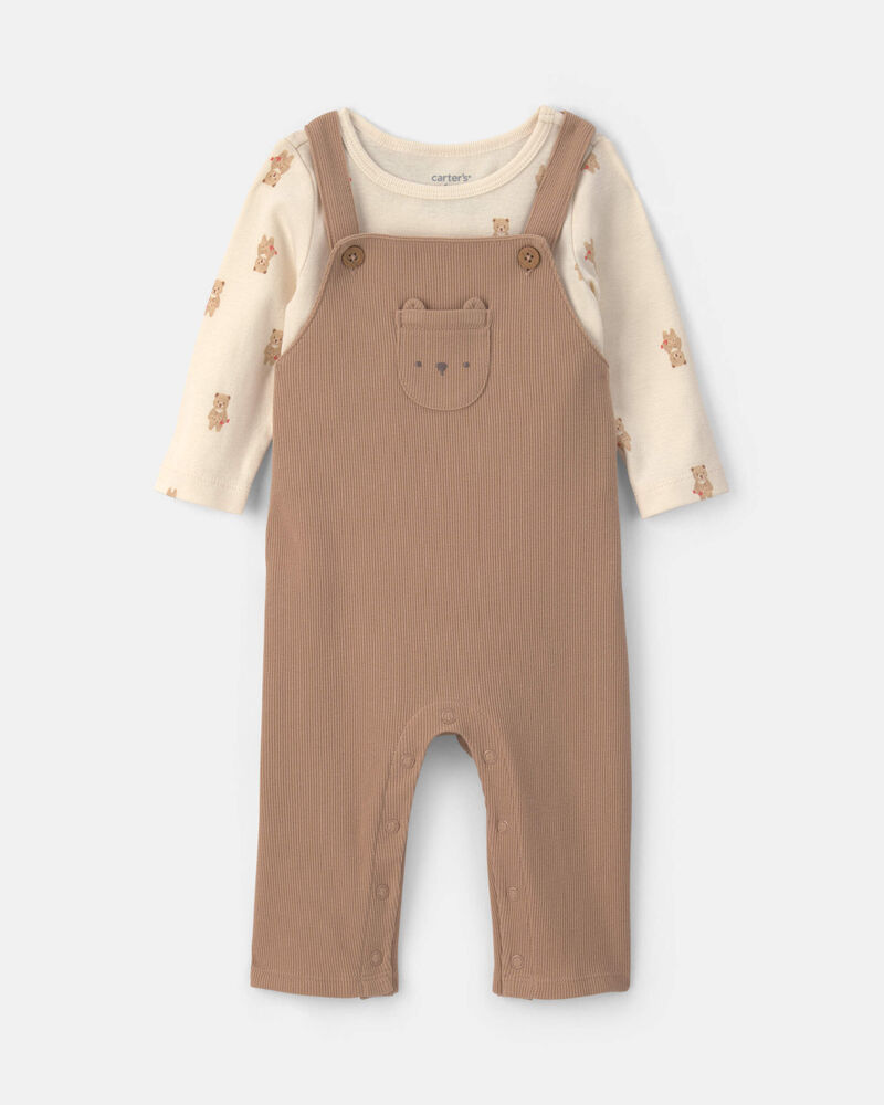 Baby 2-Piece Bear Long-Sleeve Overall Set - Brown, image 1 of 6 slides