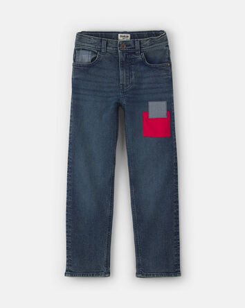 Boys Patched Denim Straight Jeans - Medium Wash, 
