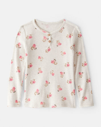 Toddler Girl Floral Print Cotton Long-Sleeve Henley Top - Cream, 