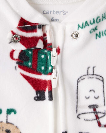 Baby Santa Print Loose Fit Fleece Long-Sleeve Sleeper - White, 
