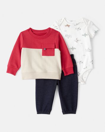 Baby Boy 3-Piece Airplane Sweatshirt Outfit Set - Blue, 