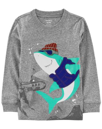 T-shirt en fil jaspé à imprimé de requin, 