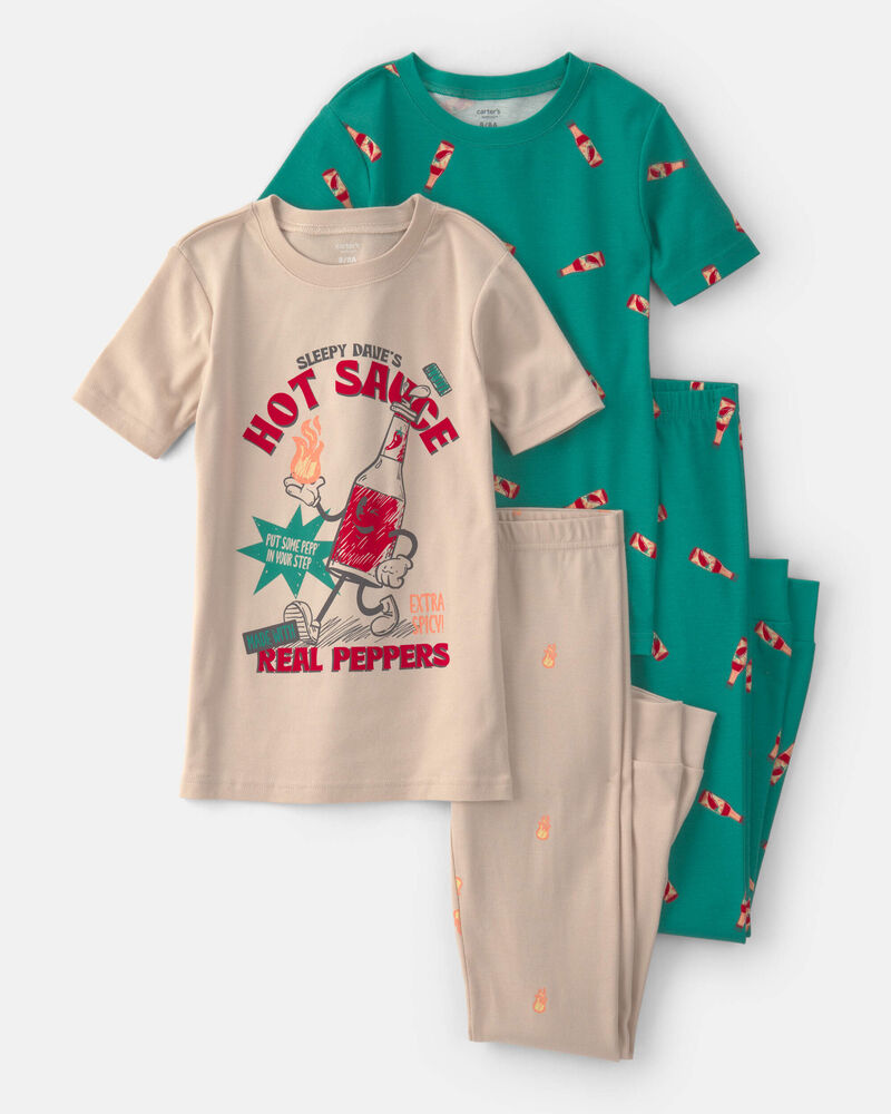 Boys Hot Sauce 100% Cotton Snug Fit 4-Piece Pyjama Set - Tan/Green, image 1 of 5 slides