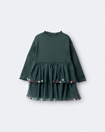 Toddler Girl Tree Pom Pom Long-Sleeve Tutu Dress - Green, 