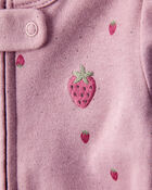 Baby Girl Strawberry Print 100% Cotton Sleeper- Pink, image 2 of 5 slides