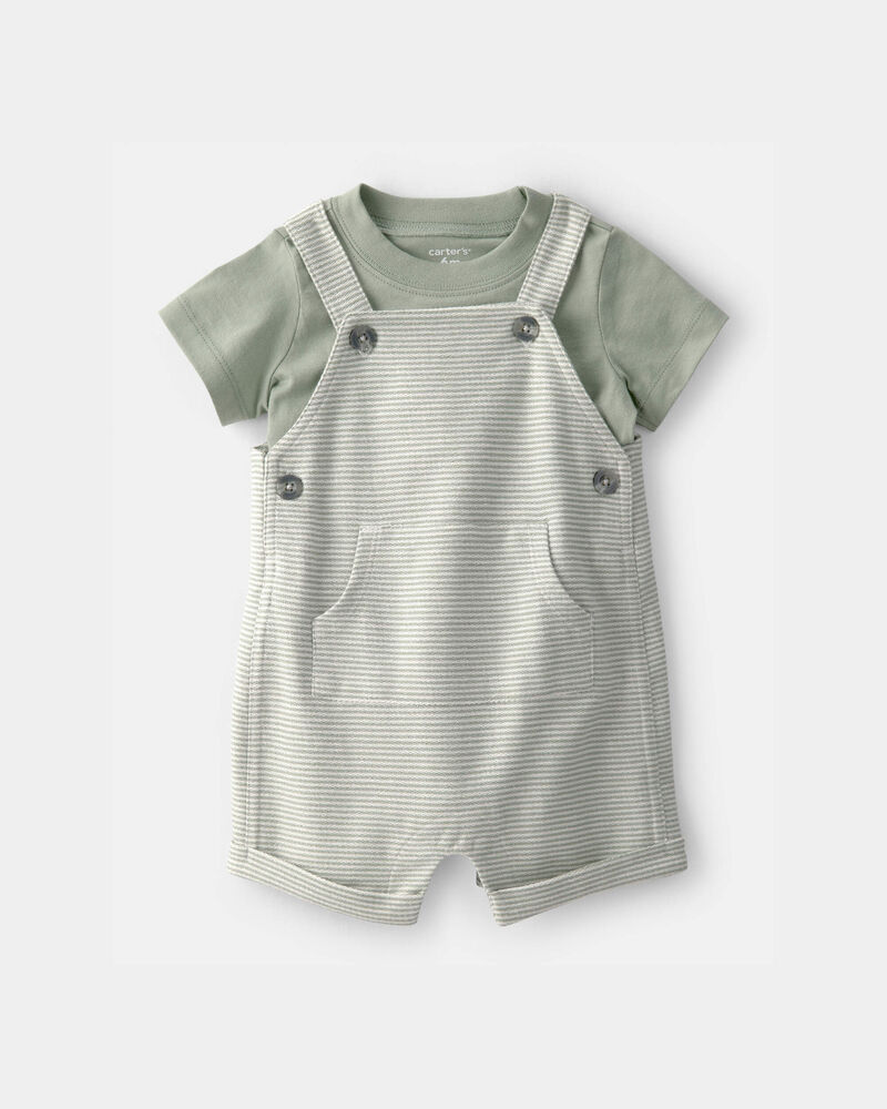 B&eacute;b&eacute; gar&ccedil;on - Ensemble 2 pi&egrave;ces haut &agrave; rayures et salopette courte - Vert, image 1 sur 5 diapositives