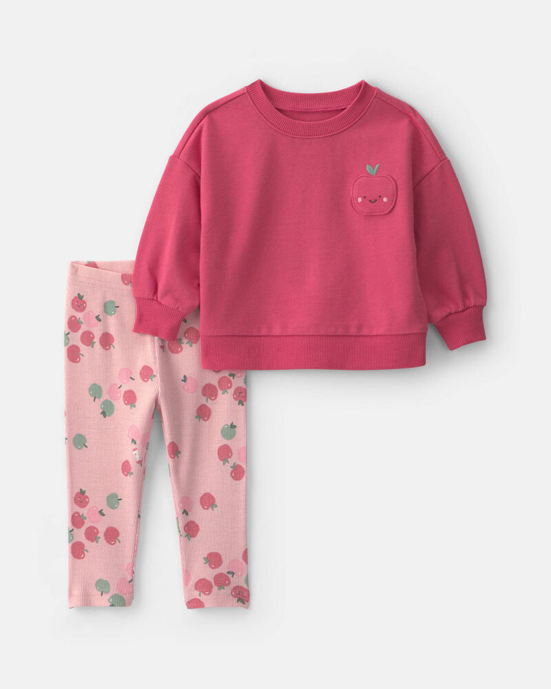 B&eacute;b&eacute; fille - Ensemble 2 pi&egrave;ces haut et pantalon en jersey bouclette &agrave; motif pomme, image 1 sur 3 diapositives