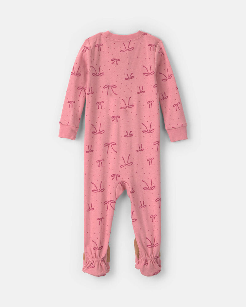 Toddler Girl 1-Piece Bows 100% Cotton Snug Fit Footed Pyjama - Pink, image 2 of 5 slides