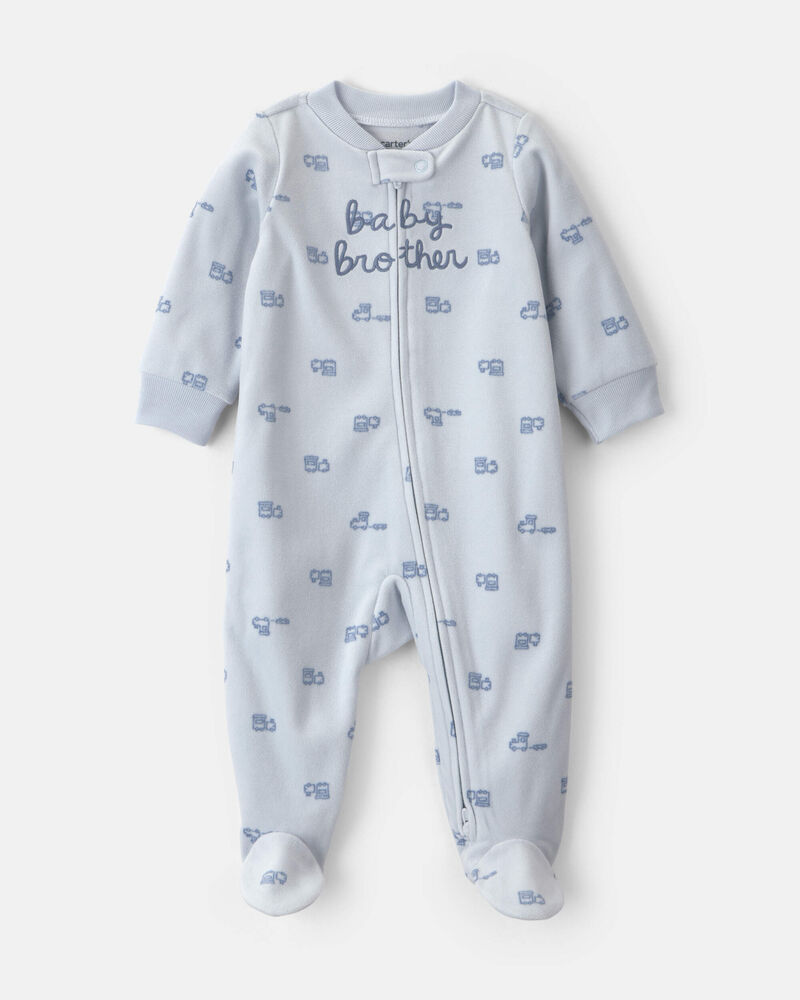 Baby Boy 'Baby Brother' Fleece 2-Way Zip Sleepers - Blue, image 1 of 5 slides