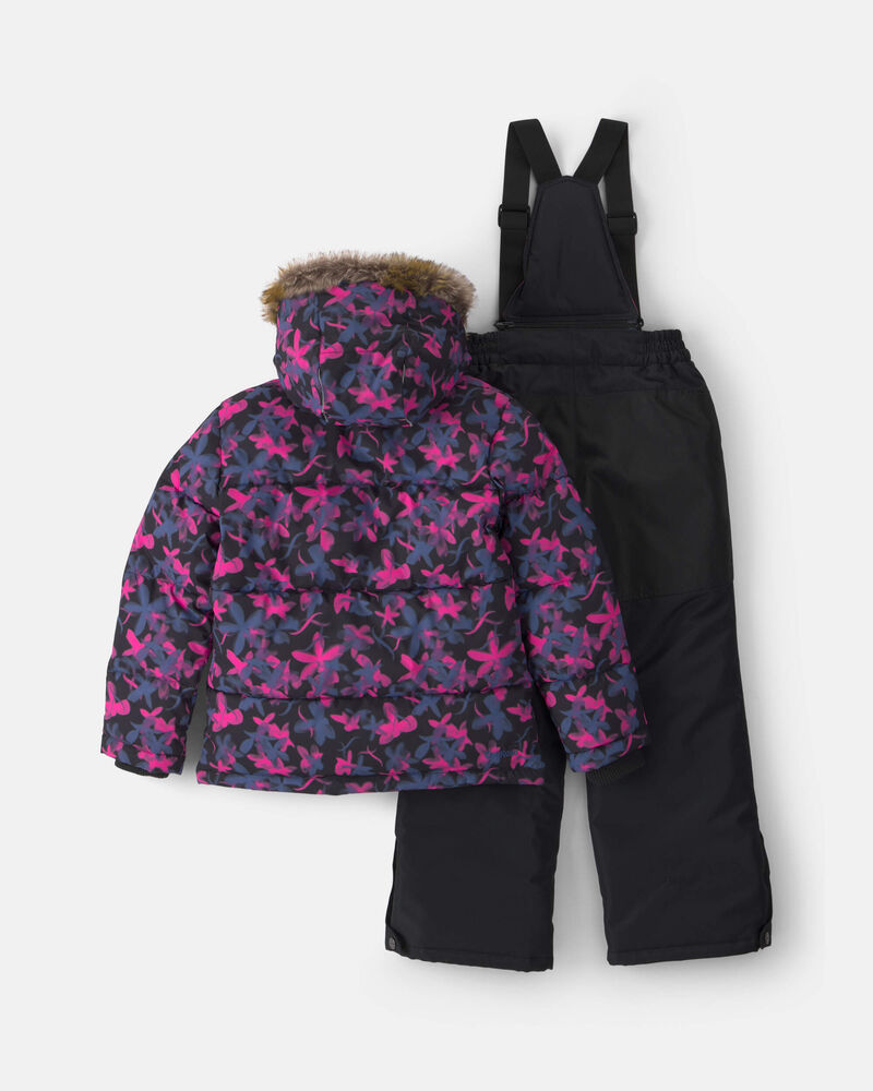 Girls 2 Piece  Floral Puffer Snowsuit- Black, image 2 of 13 slides
