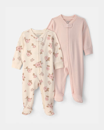 B&eacute;b&eacute; fille - Emballage 2 grenouill&egrave;res ajust&eacute;es &agrave; motif floral et rayures - Rose, 