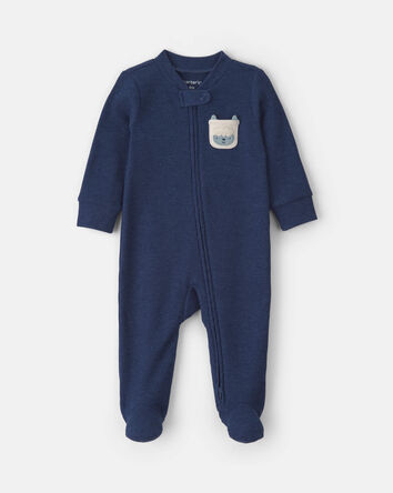 B&eacute;b&eacute; gar&ccedil;on - Grenouill&egrave;re en coton isotherme avec fermeture &agrave; glissi&egrave;re double sens &agrave; motif Y&eacute;ti &ndash; Bleu marine, 