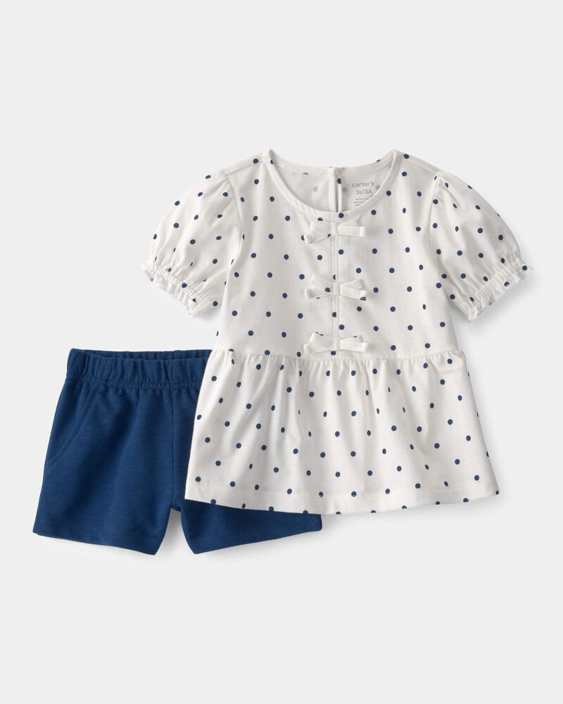 Toddler Girl 2-Piece Polka Dots Top & Short Set - Blue/White, image 1 of 4 slides