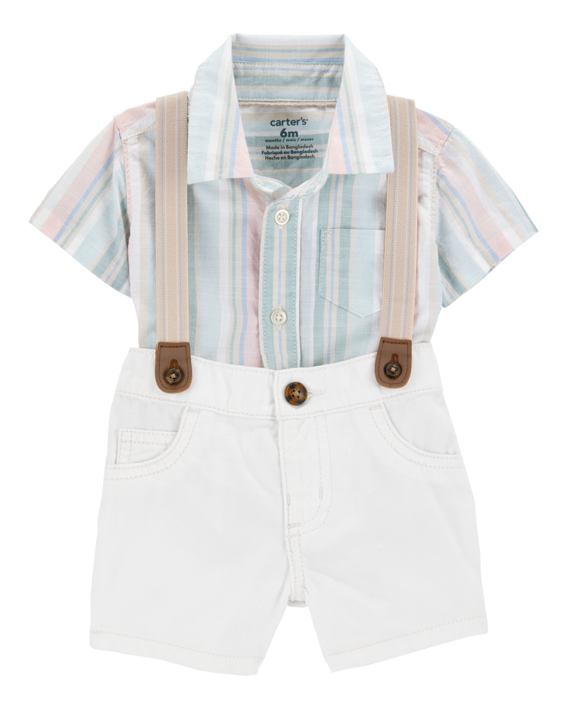 Baby 3-Piece Button-Down Bodysuit & Suspender Short Set, image 1 of 5 slides
