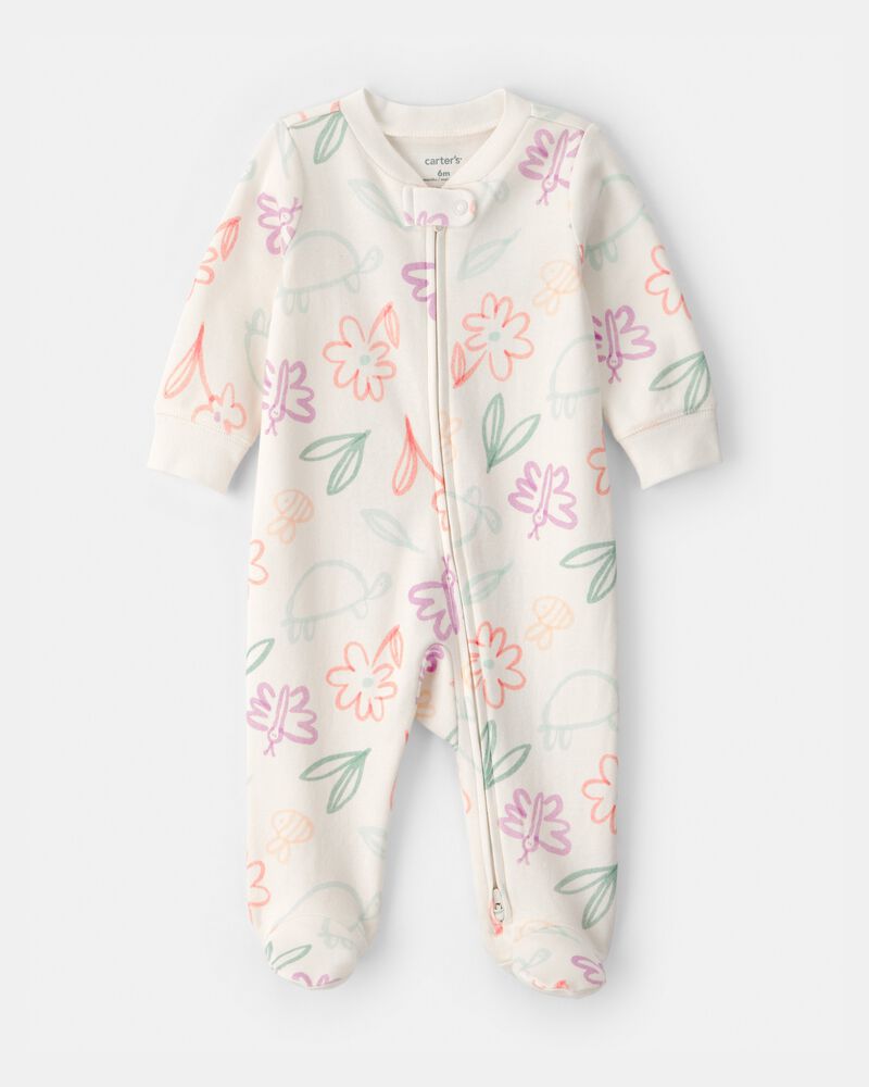Baby Girl Spring Floral 2-Way Zip 100% Cotton Sleeper - Ivory, image 1 of 4 slides