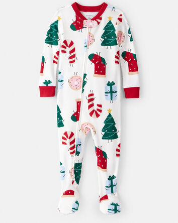 Bébé - Pyjama une pièce en coton à manches longues avec fermeture à glissière 2 sens et imprimé de Noël, 