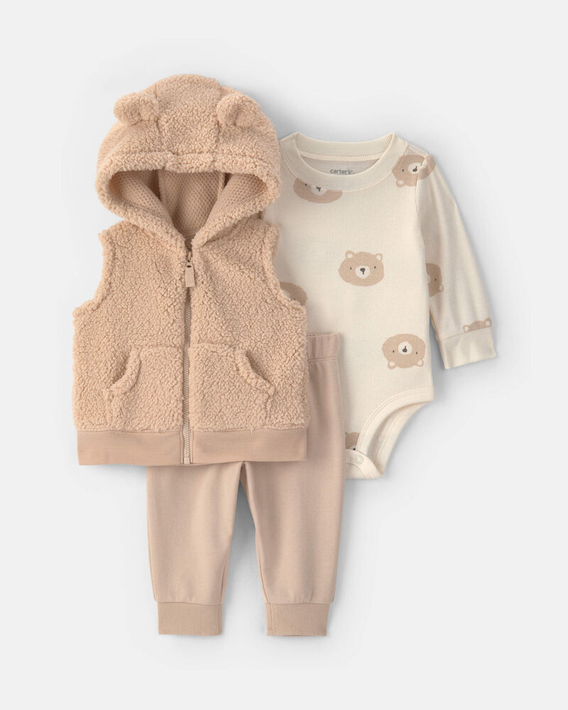 B&eacute;b&eacute; gar&ccedil;on - Ensemble 3 pi&egrave;ces &agrave; superposer en molleton teddy &agrave; motif ourson &ndash; Brun, image 1 sur 5 diapositives