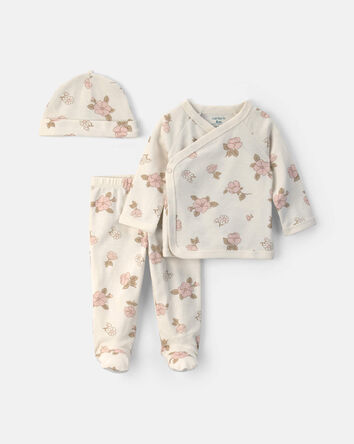 B&eacute;b&eacute; fille - Ensemble 3 pi&egrave;ces haut manches longues et pantalon &agrave; motif floral - Cr&egrave;me, 