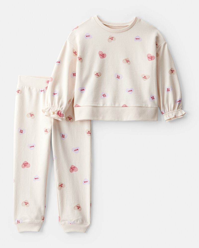 Toddler Girl DayDream Fleece Candy Heart French Terry Pullover & Pant Set - Cream, image 1 of 4 slides
