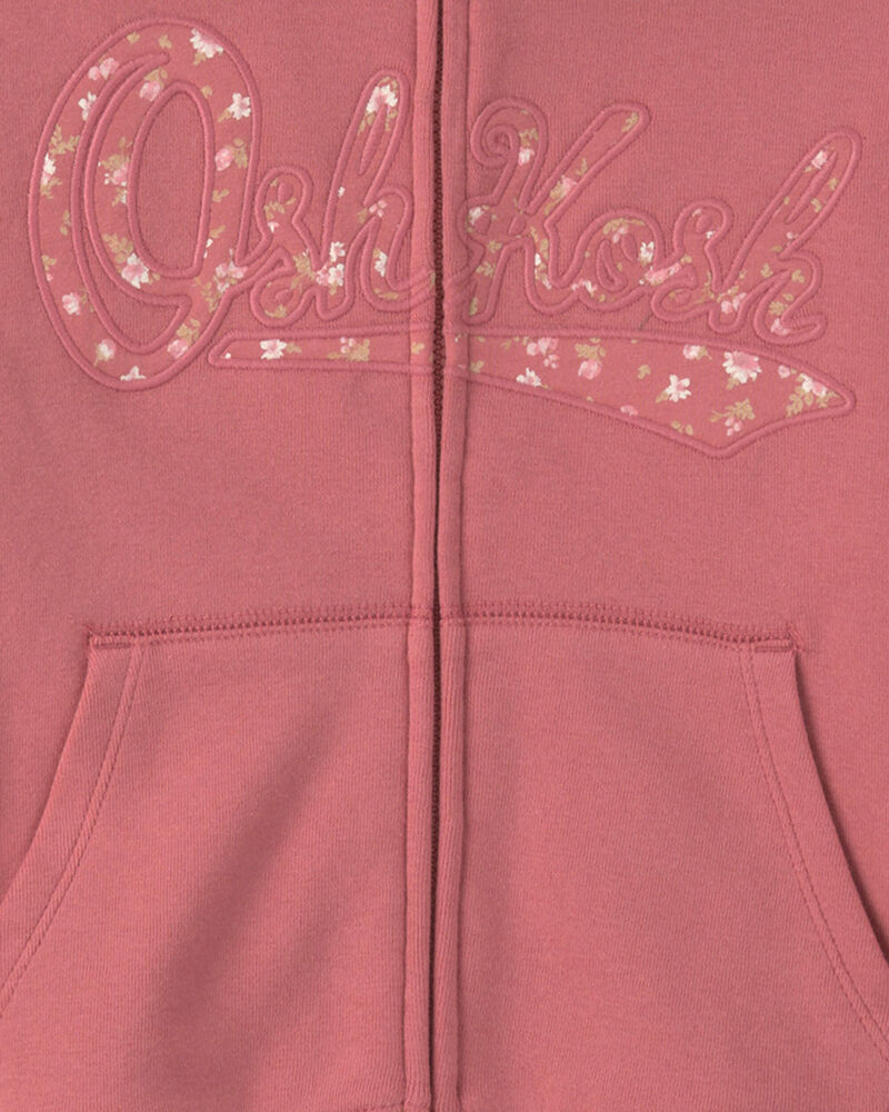 Filles - Chandail &agrave; capuchon en molleton avec fermeture &agrave; glissi&egrave;re, motif floral et logo OshKosh - Rose, image 2 sur 2 diapositives