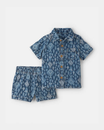 Baby Boy 2-Piece Button-Down Denim Top & Short Set - Medium Wash, 