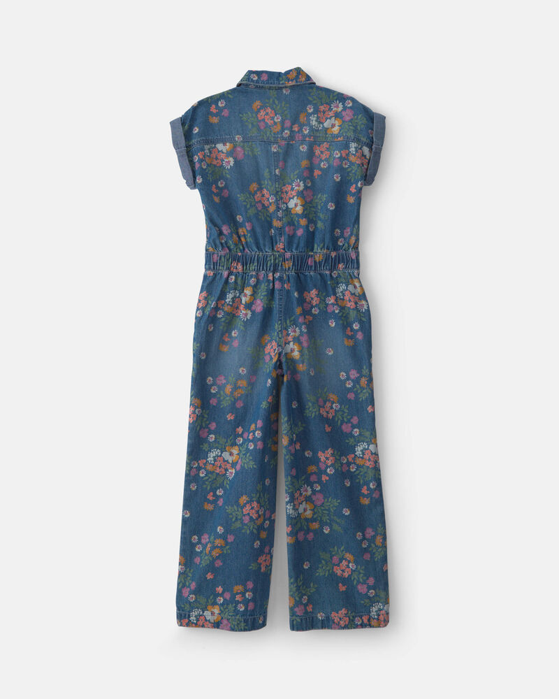 Girls Floral Denim Short-Sleeve Jumpsuit - Dark Wash, image 5 of 7 slides