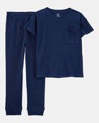 Boys Solid Loose Fit Waffle Knit 2-Piece Pyjamas - Navy, image 1 of 3 slides
