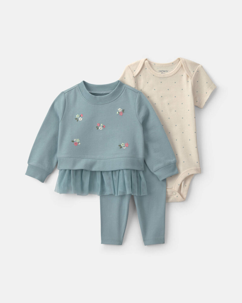 Baby Girl 3-Piece Floral French Terry Layering Set - Blue, image 1 of 6 slides
